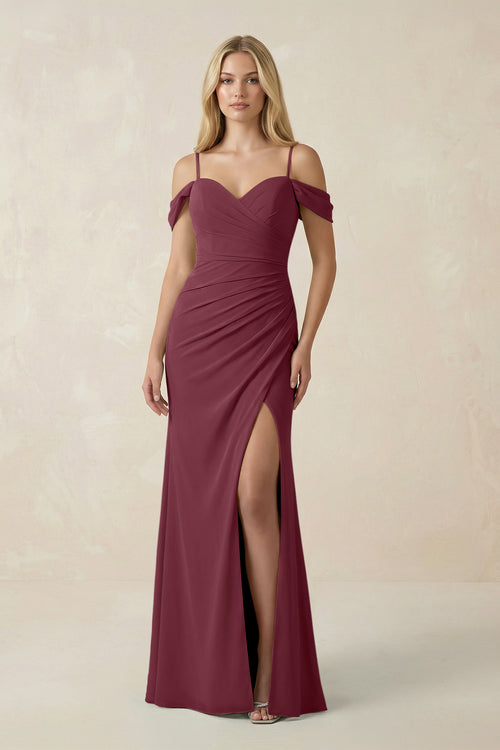 Off-the-Shoulder Sheath Chiffon Ruched Bridesmaid Dress in Desert Rose | KISSBRIDAL