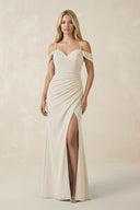 Off - the - Shoulder Sheath Chiffon Ruched Bridesmaid Dress in Dove Gray - KISS BRIDAL Bridesmaid Dresses