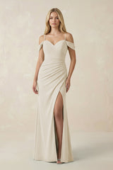 Off - the - Shoulder Sheath Chiffon Ruched Bridesmaid Dress in Dove Gray - KISS BRIDAL Bridesmaid Dresses