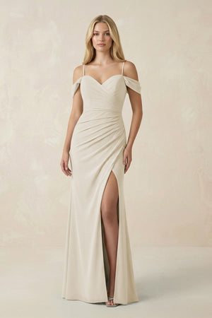 Off - the - Shoulder Sheath Chiffon Ruched Bridesmaid Dress in Dove Gray - KISS BRIDAL Bridesmaid Dresses