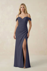 Off - the - Shoulder Sheath Chiffon Ruched Bridesmaid Dress in Dusk Blue - KISS BRIDAL Bridesmaid Dresses