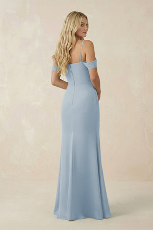 Off - the - Shoulder Sheath Chiffon Ruched Bridesmaid Dress in Dusty Blue - SHE IS ME Bridesmaid Dresses
