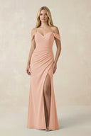 Off - the - Shoulder Sheath Chiffon Ruched Bridesmaid Dress in English Rose - SHE IS ME Bridesmaid Dresses