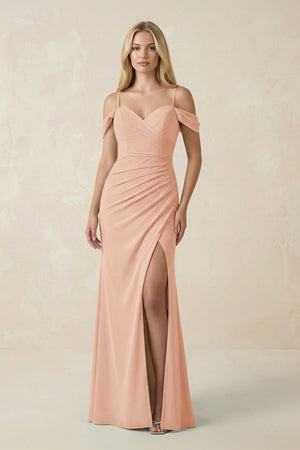 Off - the - Shoulder Sheath Chiffon Ruched Bridesmaid Dress in English Rose - SHE IS ME Bridesmaid Dresses
