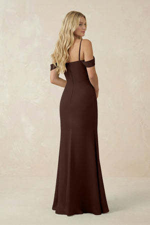 Off - the - Shoulder Sheath Chiffon Ruched Bridesmaid Dress in Espresso - SHE IS ME Bridesmaid Dresses