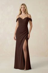 Off - the - Shoulder Sheath Chiffon Ruched Bridesmaid Dress in Espresso - KISS BRIDAL Bridesmaid Dresses