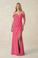 Off - the - Shoulder Sheath Chiffon Ruched Bridesmaid Dress in Fuchsia - SHE IS ME Bridesmaid Dresses
