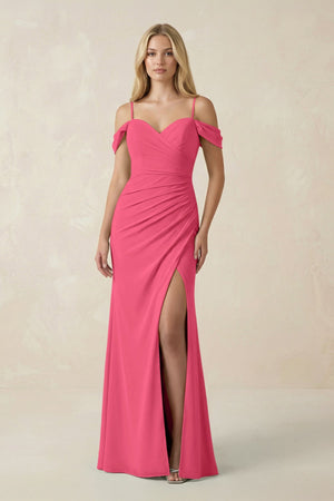 Off - the - Shoulder Sheath Chiffon Ruched Bridesmaid Dress in Fuchsia - SHE IS ME Bridesmaid Dresses