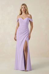 Off - the - Shoulder Sheath Chiffon Ruched Bridesmaid Dress in Lavender - KISS BRIDAL Bridesmaid Dresses