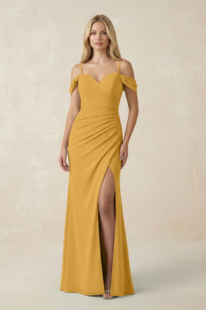 Off - the - Shoulder Sheath Chiffon Ruched Bridesmaid Dress in Marigold - SHE IS ME Bridesmaid Dresses