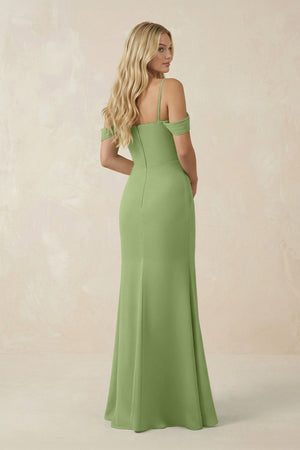 Off - the - Shoulder Sheath Chiffon Ruched Bridesmaid Dress in Matcha - SHE IS ME Bridesmaid Dresses