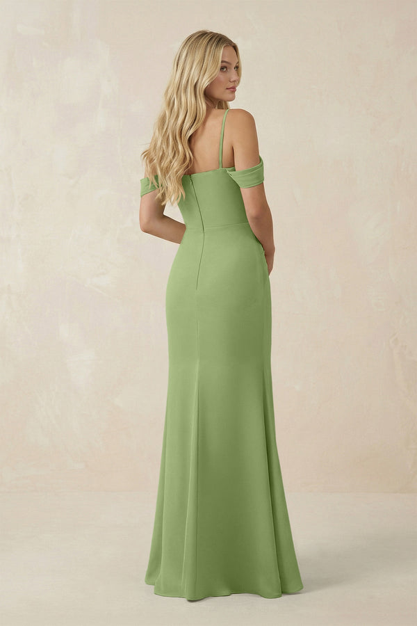 Off - the - Shoulder Sheath Chiffon Ruched Bridesmaid Dress in Matcha - SHE IS ME Bridesmaid Dresses
