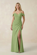 Off - the - Shoulder Sheath Chiffon Ruched Bridesmaid Dress in Matcha - SHE IS ME Bridesmaid Dresses