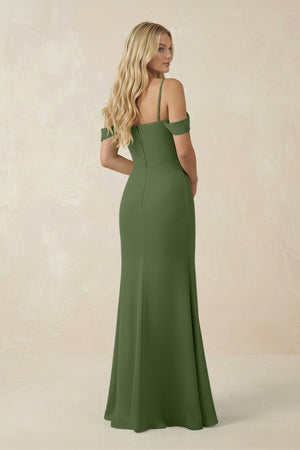 Off-the-Shoulder Sheath Chiffon Ruched Bridesmaid Dress in Moss (2) | KISSBRIDAL