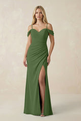Off - the - Shoulder Sheath Chiffon Ruched Bridesmaid Dress in Moss - KISS BRIDAL Bridesmaid Dresses