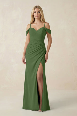 Off - the - Shoulder Sheath Chiffon Ruched Bridesmaid Dress in Moss - SHE IS ME Bridesmaid Dresses
