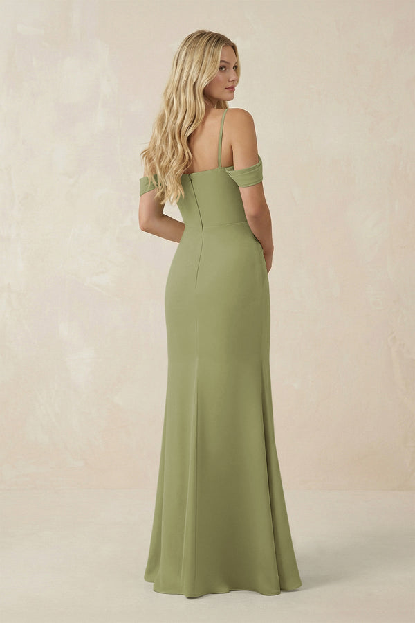 Off - the - Shoulder Sheath Chiffon Ruched Bridesmaid Dress in Moss Green - SHE IS ME Bridesmaid Dresses