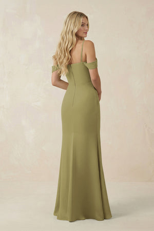 Off-the-Shoulder Sheath Chiffon Ruched Bridesmaid Dress in Moss Green (2) | KISSBRIDAL