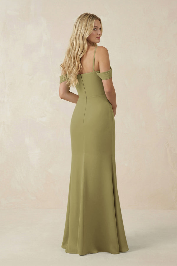 Off-the-Shoulder Sheath Chiffon Ruched Bridesmaid Dress in Moss Green (2) | KISSBRIDAL
