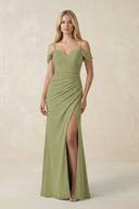 Off - the - Shoulder Sheath Chiffon Ruched Bridesmaid Dress in Moss Green - SHE IS ME Bridesmaid Dresses