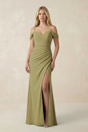 Off-the-Shoulder Sheath Chiffon Ruched Bridesmaid Dress in Moss Green | KISSBRIDAL