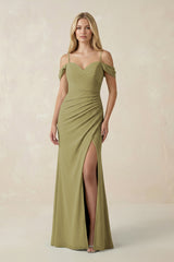 Off-the-Shoulder Sheath Chiffon Ruched Bridesmaid Dress in Moss Green | KISSBRIDAL