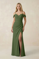 Off-the-Shoulder Sheath Chiffon Ruched Bridesmaid Dress in Moss | KISSBRIDAL