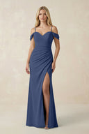 Off - the - Shoulder Sheath Chiffon Ruched Bridesmaid Dress in Navy - SHE IS ME Bridesmaid Dresses