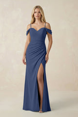 Off - the - Shoulder Sheath Chiffon Ruched Bridesmaid Dress in Navy - KISS BRIDAL Bridesmaid Dresses