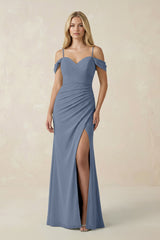 Off - the - Shoulder Sheath Chiffon Ruched Bridesmaid Dress in Neptune - KISS BRIDAL Bridesmaid Dresses