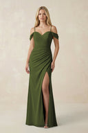 Off - the - Shoulder Sheath Chiffon Ruched Bridesmaid Dress in Olive - SHE IS ME Bridesmaid Dresses