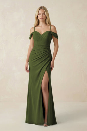 Off - the - Shoulder Sheath Chiffon Ruched Bridesmaid Dress in Olive - SHE IS ME Bridesmaid Dresses