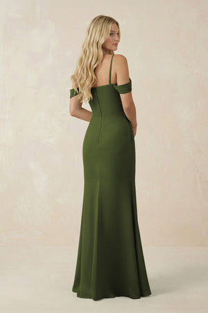 Off - the - Shoulder Sheath Chiffon Ruched Bridesmaid Dress in Olive - SHE IS ME Bridesmaid Dresses
