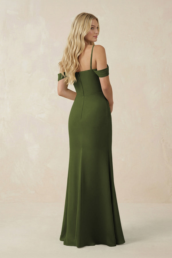 Off - the - Shoulder Sheath Chiffon Ruched Bridesmaid Dress in Olive - SHE IS ME Bridesmaid Dresses