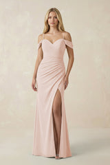 Off - the - Shoulder Sheath Chiffon Ruched Bridesmaid Dress in Pale Blush - KISS BRIDAL Bridesmaid Dresses