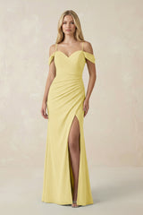 Off - the - Shoulder Sheath Chiffon Ruched Bridesmaid Dress in Pastel Yellow - KISS BRIDAL Bridesmaid Dresses