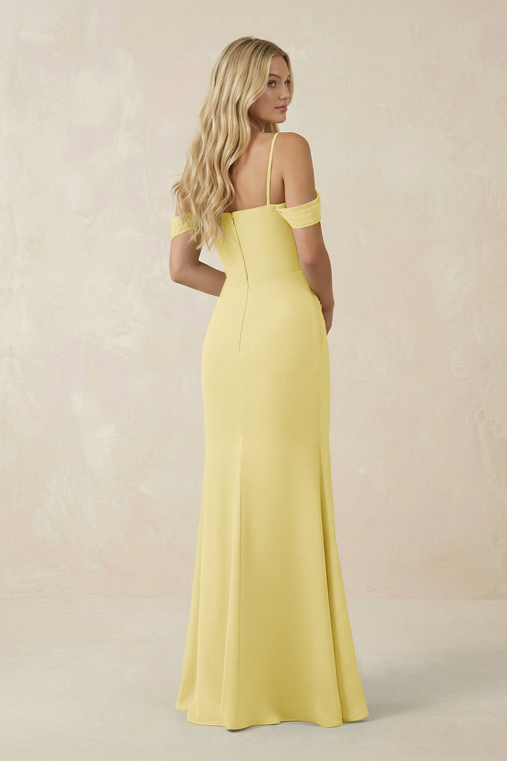 Off - the - Shoulder Sheath Chiffon Ruched Bridesmaid Dress in Pastel Yellow - SHE IS ME Bridesmaid Dresses