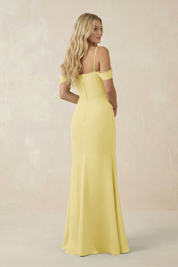 Off - the - Shoulder Sheath Chiffon Ruched Bridesmaid Dress in Pastel Yellow - SHE IS ME Bridesmaid Dresses