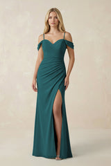 Off - the - Shoulder Sheath Chiffon Ruched Bridesmaid Dress in Pine - KISS BRIDAL Bridesmaid Dresses