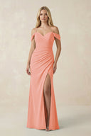 Off - the - Shoulder Sheath Chiffon Ruched Bridesmaid Dress in Rosette - SHE IS ME Bridesmaid Dresses