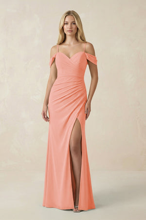 Off - the - Shoulder Sheath Chiffon Ruched Bridesmaid Dress in Rosette - SHE IS ME Bridesmaid Dresses