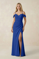 Off - the - Shoulder Sheath Chiffon Ruched Bridesmaid Dress in Royal Blue - KISS BRIDAL Bridesmaid Dresses