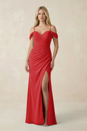 Off - the - Shoulder Sheath Chiffon Ruched Bridesmaid Dress in Ruby Red - SHE IS ME Bridesmaid Dresses