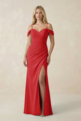 Off - the - Shoulder Sheath Chiffon Ruched Bridesmaid Dress in Ruby Red - KISS BRIDAL Bridesmaid Dresses