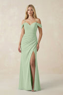 Off - the - Shoulder Sheath Chiffon Ruched Bridesmaid Dress in Sage - SHE IS ME Bridesmaid Dresses