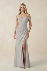 Off - the - Shoulder Sheath Chiffon Ruched Bridesmaid Dress in Silver - KISS BRIDAL Bridesmaid Dresses