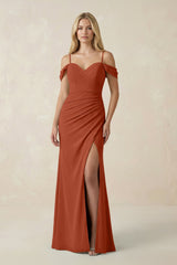 Off - the - Shoulder Sheath Chiffon Ruched Bridesmaid Dress in Spice - KISS BRIDAL Bridesmaid Dresses