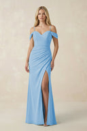 Off - the - Shoulder Sheath Chiffon Ruched Bridesmaid Dress in Steel Blue - SHE IS ME Bridesmaid Dresses