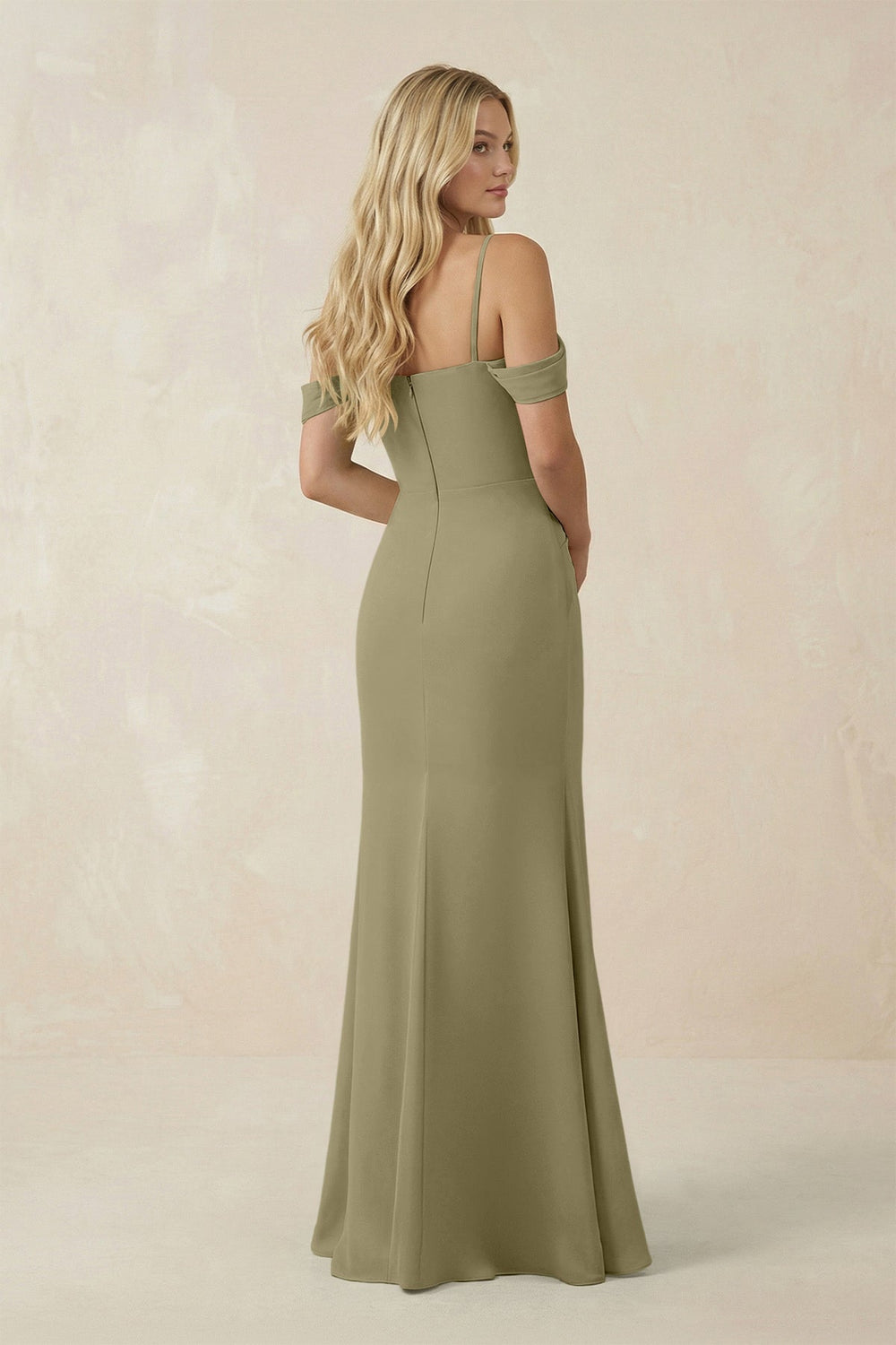 Off - the - Shoulder Sheath Chiffon Ruched Bridesmaid Dress in Thyme - SHE IS ME Bridesmaid Dresses