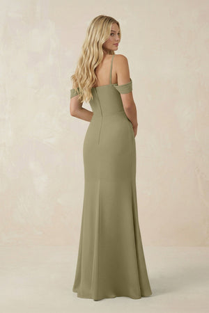 Off - the - Shoulder Sheath Chiffon Ruched Bridesmaid Dress in Thyme - SHE IS ME Bridesmaid Dresses
